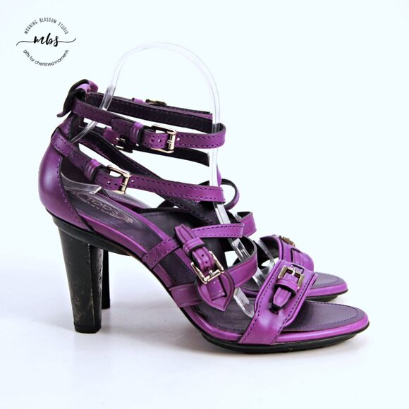 Tod's Lilac Strappy Buckle Hell Sandals Purple Silver Women EU 39.5 US 8.5 - Picture 1 of 14
